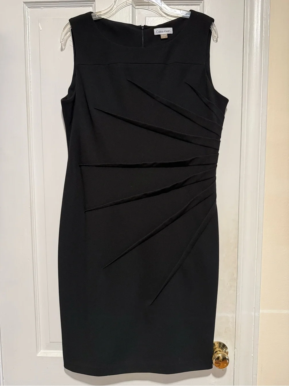 Calvin Klein Black Sleeveless Sheath Dress with Asymmetric Pleat Details